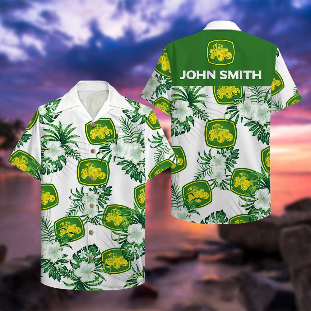 Personalized Farmer Hawaiian Shirt - Tractor & Floral Pattern-Homacus