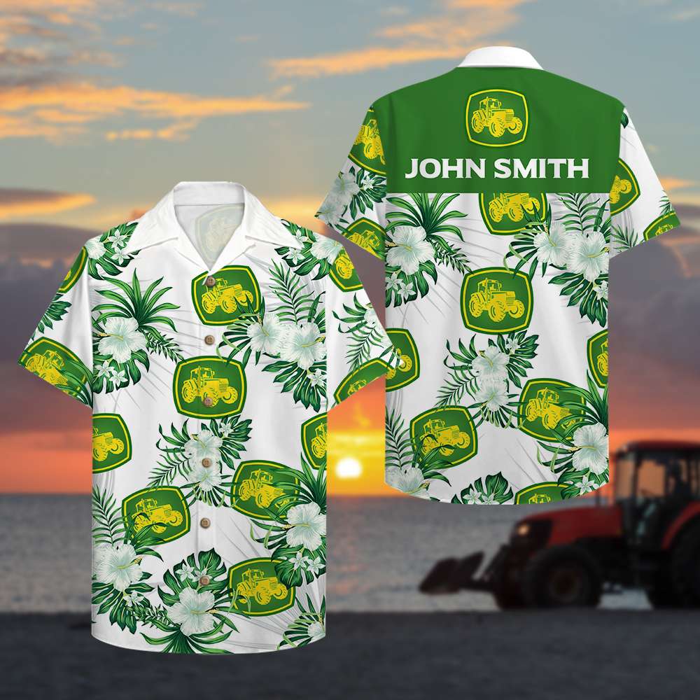 Personalized Farmer Hawaiian Shirt - Tractor & Floral Pattern-Homacus