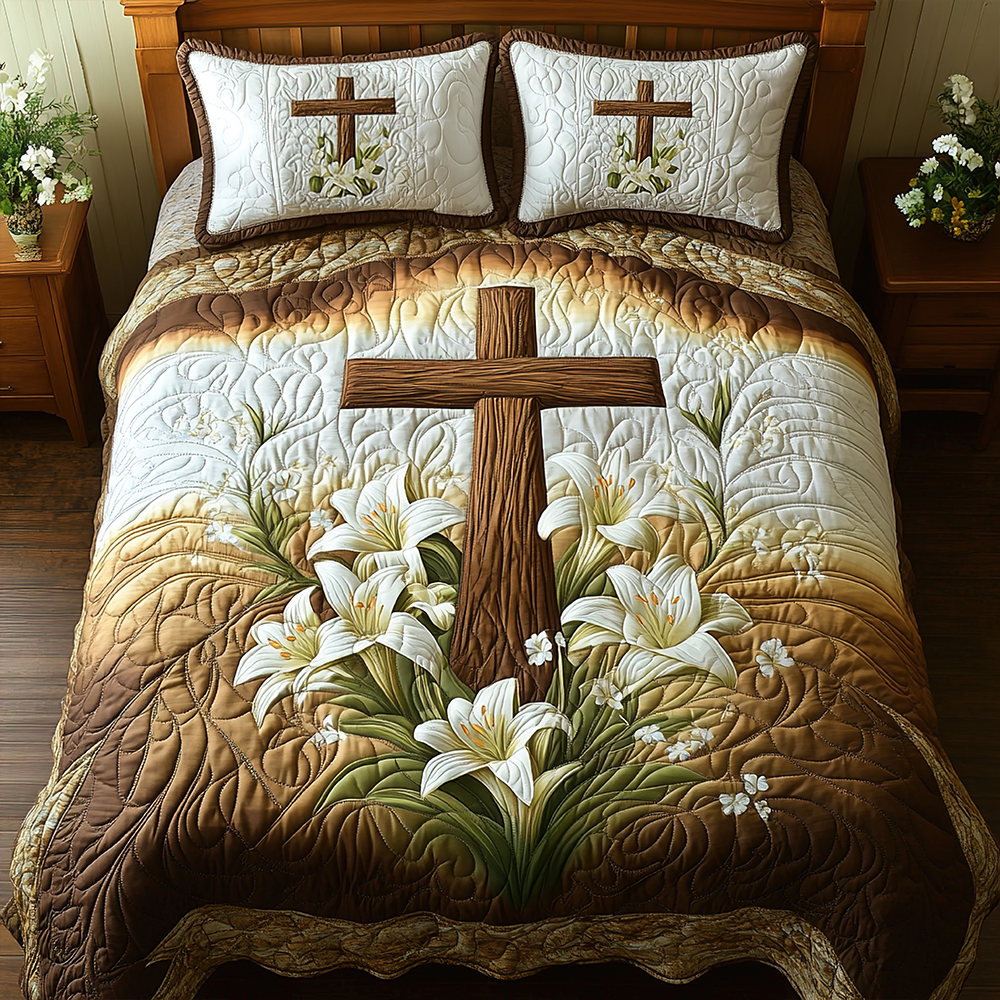 Gifts For Christian Quilt Bedding Set Special Line, Cross And Lilies 04tgpu050225-Homacus
