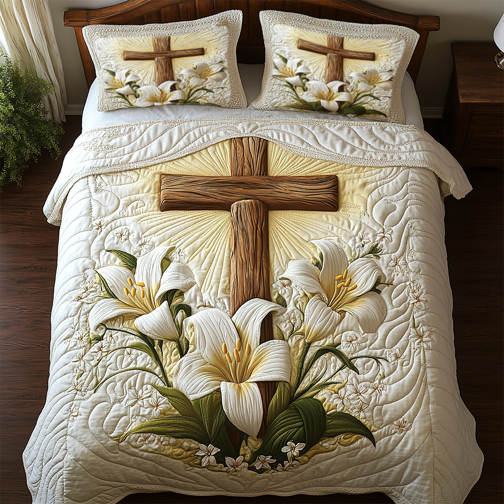 Gifts For Christian Quilt Bedding Set Special Line, Cross And Lilies 04tgpu050225-Homacus