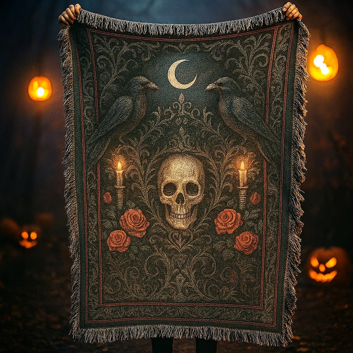 Creepy Skull In Dark Forest Halloween Woven Blanket 106laxx180725-Homacus