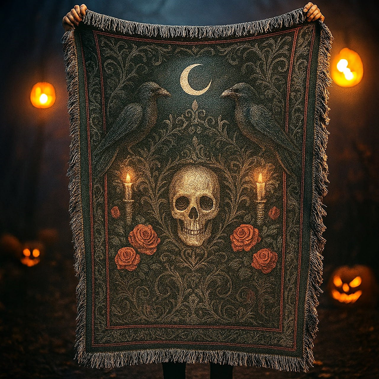 Creepy Skull In Dark Forest Halloween Woven Blanket 106laxx180725-Homacus