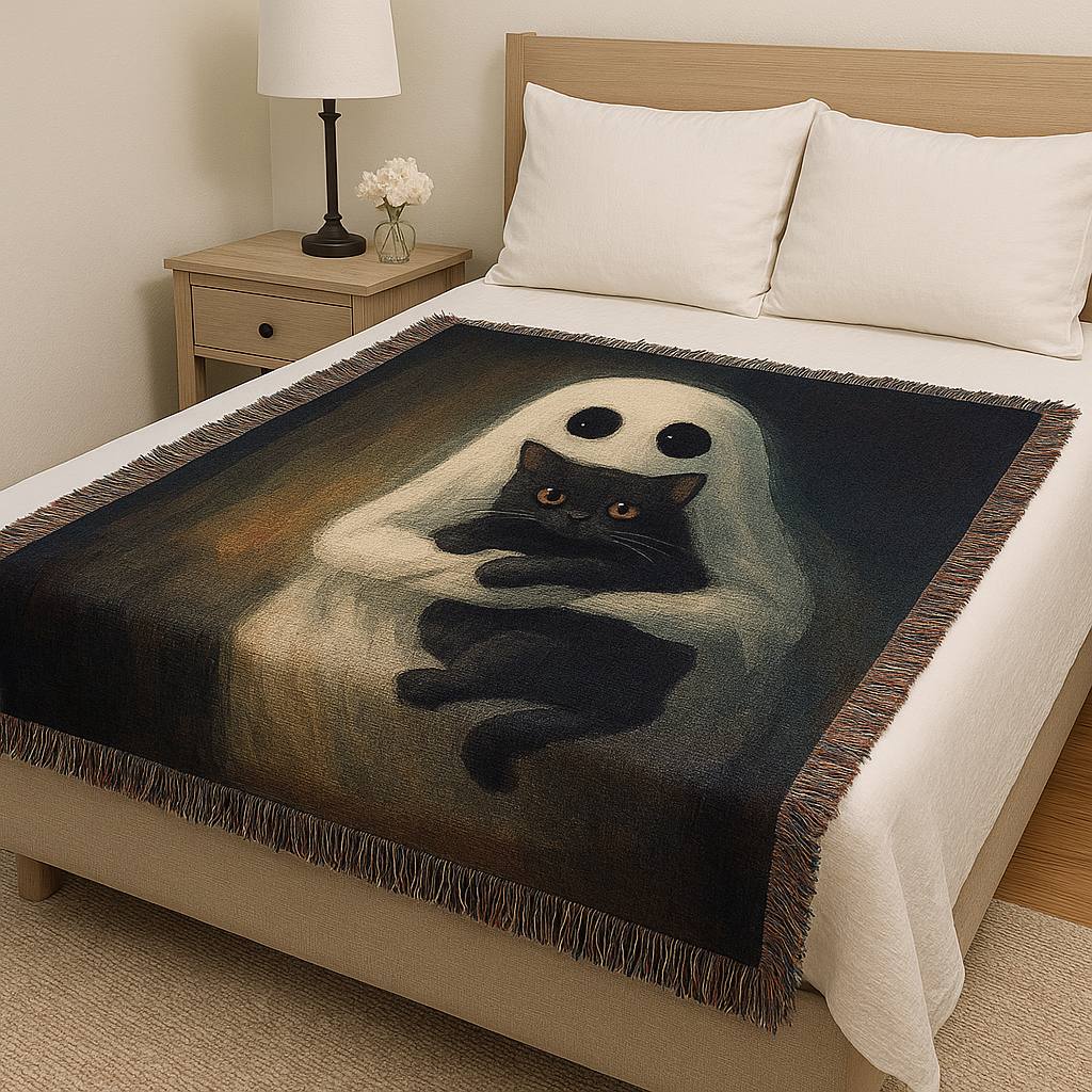 Ghost Hug Black Cat Woven Blanket - Spooky Gift For Ghost Lovers 48laxx180725-Homacus