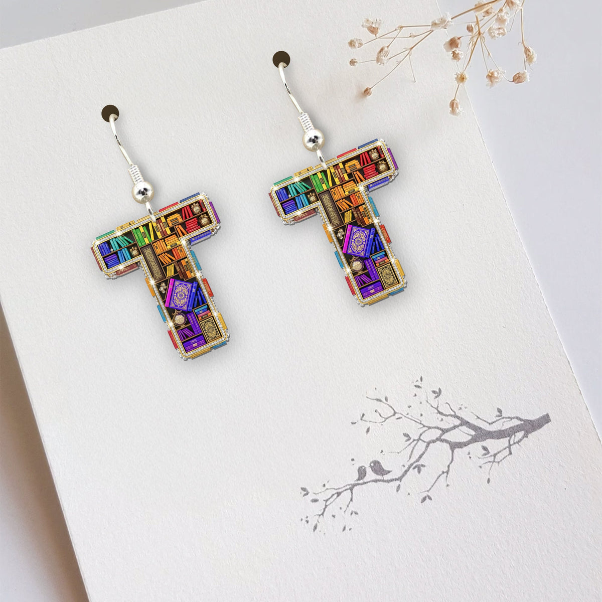 Bookshelf With Initials Acrylic Earrings- Personalized Gift For Book Lovers 01HULU170625-Homacus