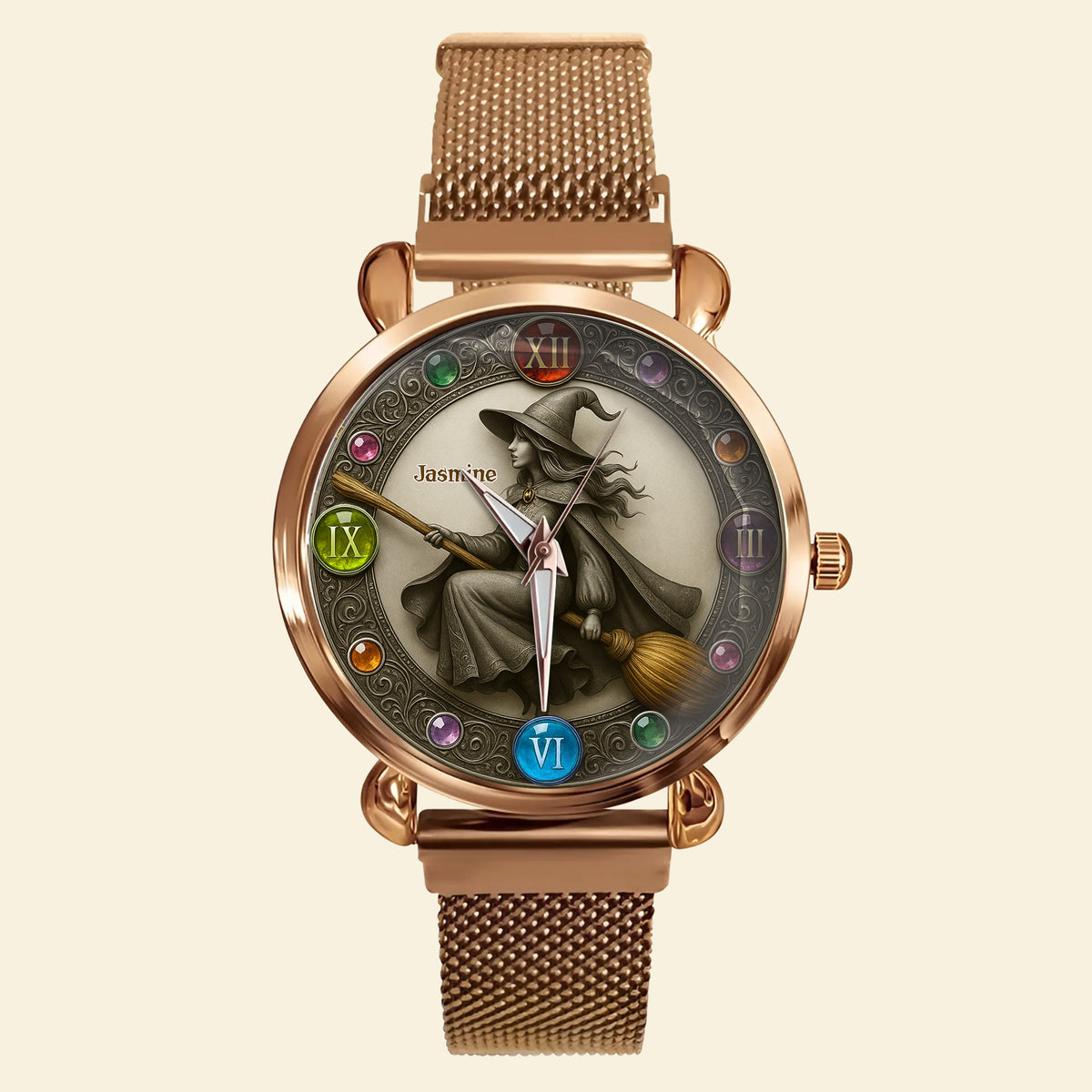 Mystical Witch On Broom Mesh Straps Watch - Personalized Gifts For Witch Lovers 04PGLU190725-Homacus