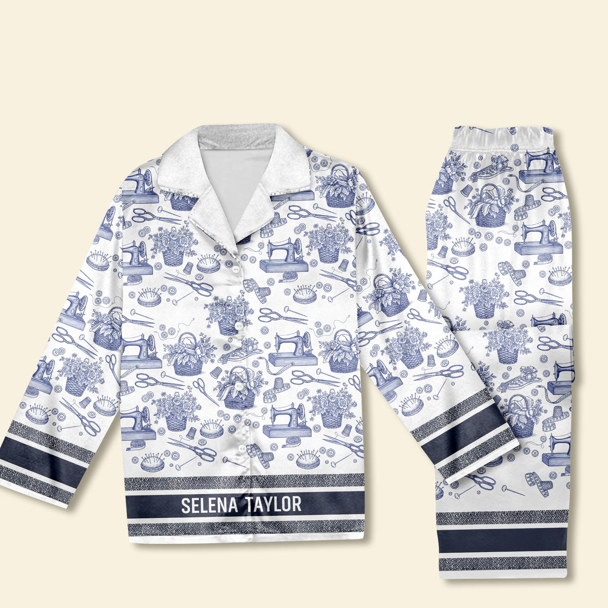 Sewing Toile de Jouy Button Up Pajama Set - Personalized Gift For Sewing Lover Christmas Pajama 06PGLU250925-Homacus