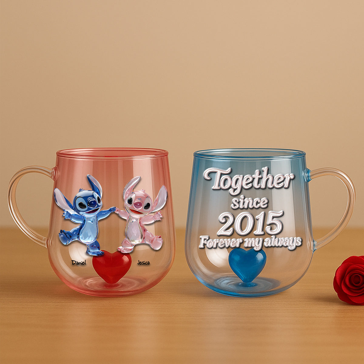 Blue Monster Couple Heart Glass Mug - Personalized Gift For Couple 03TGLU100625-Homacus