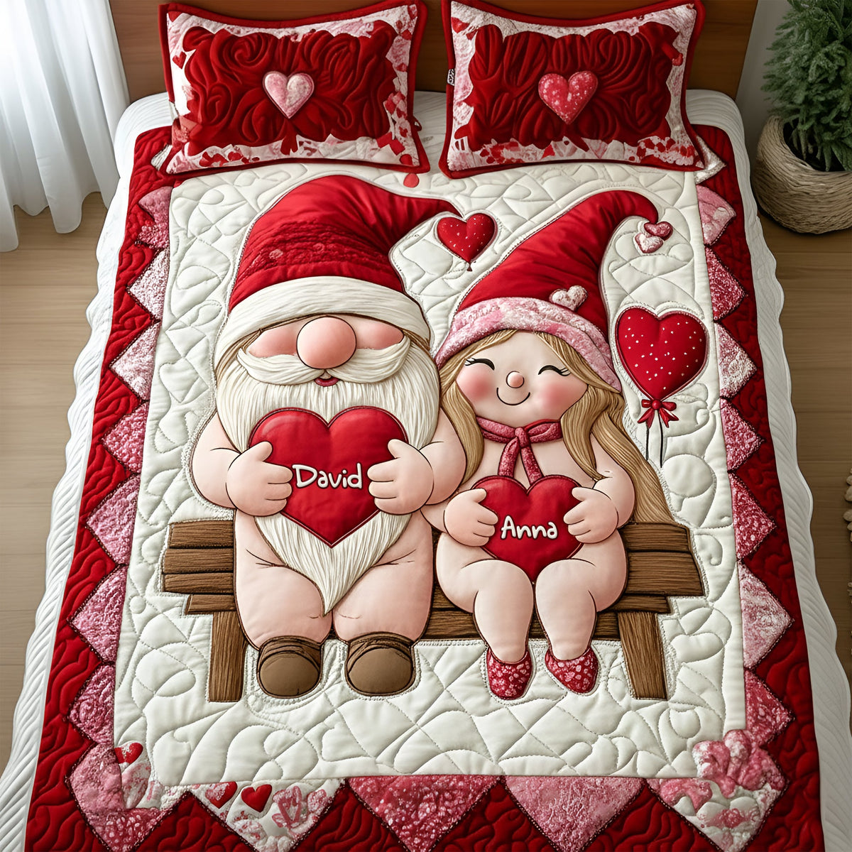 Sweet Gnome Couple Quilt Bed Set - Personalized Gift For Couples 02NALU291125-Homacus